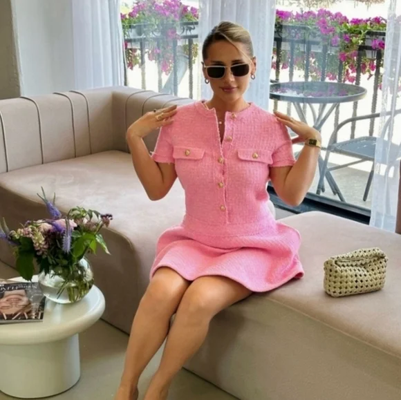 ZARA TEXTURED TWEED DRESS PINK Size M - Picture 4 of 15